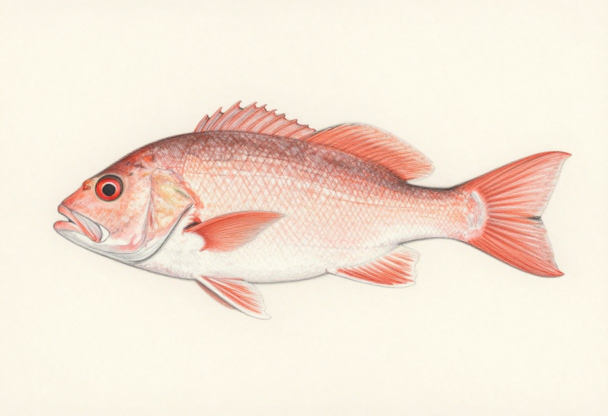 Illustration of a reddish-pink fish in side view with red eyes and a pointed anal fin