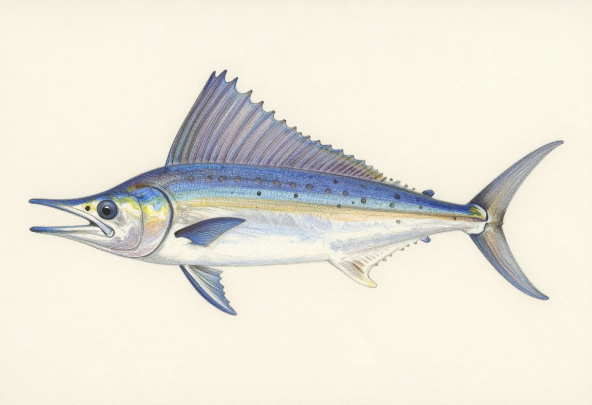 Illustration of a slim blue fish in side view with a tall spotted sail-like dorsal fin and a long pointed bill