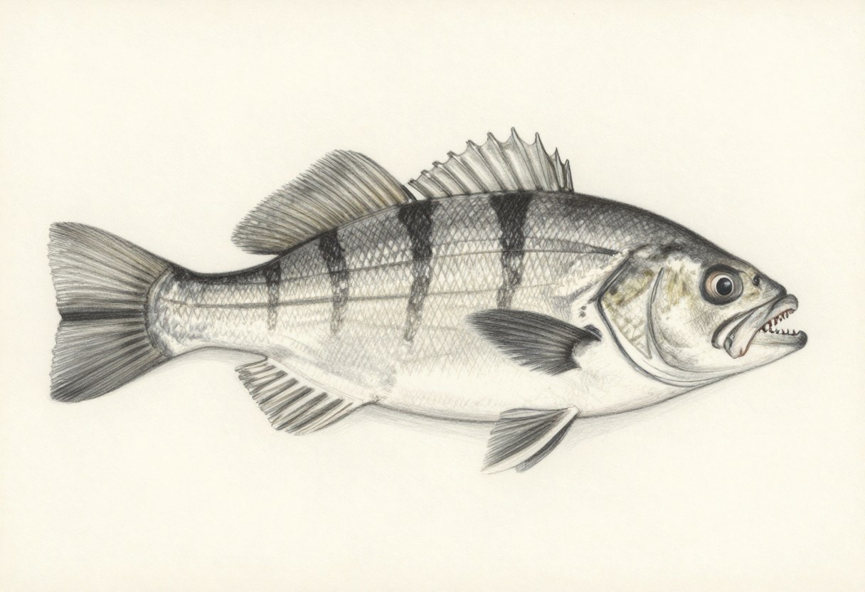 Illustration of a silver-gray fish in side view crossed by bold black vertical bars, with visible front teeth