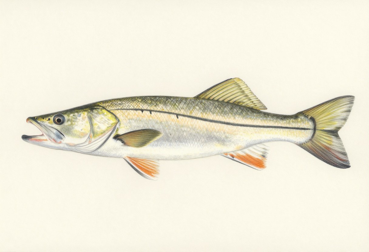 Illustration of a long silver-yellow fish in side view with a bold black stripe along its side and a large mouth