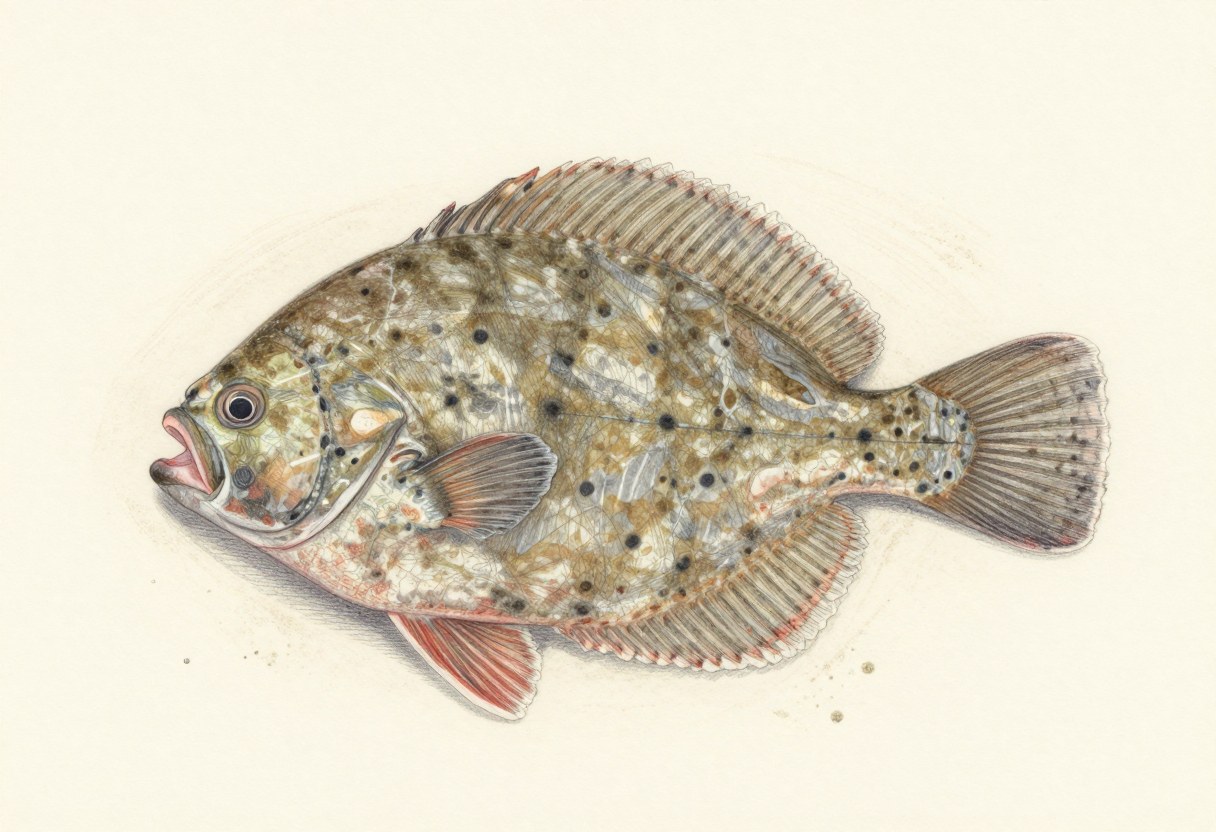 Illustration of a flat, oval, mottled brown flatfish with scattered dark spots