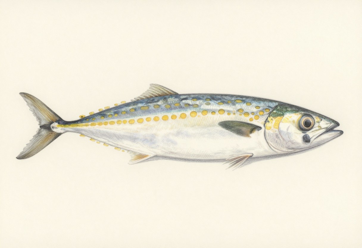 Illustration of a slim silver fish in side view with rows of golden-yellow spots along its sides