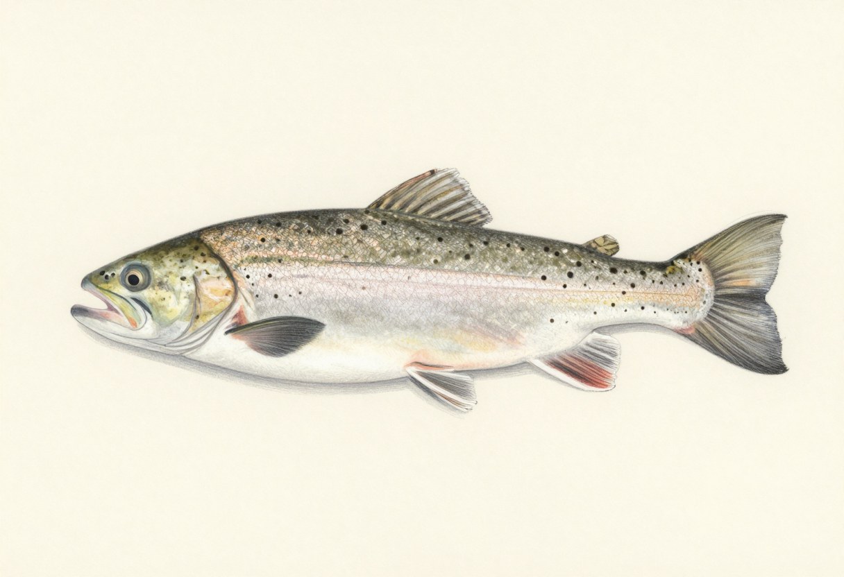 Illustration of a silvery fish in side view with small black spots on the back and tail