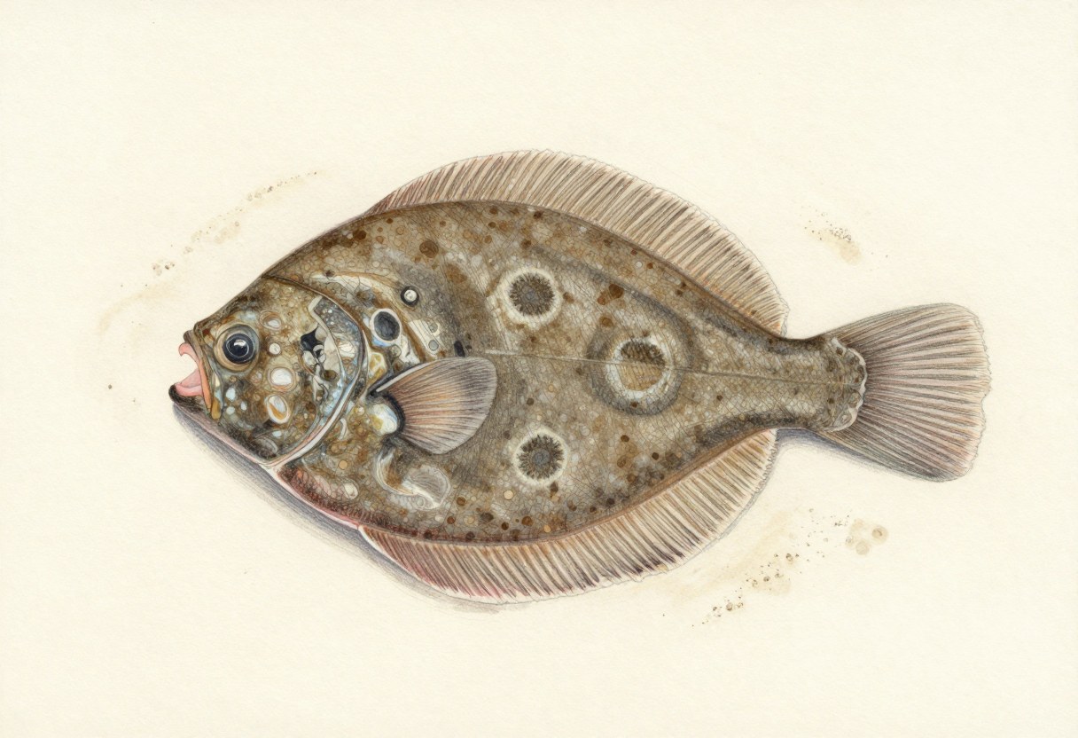Illustration of a flat, oval, brown flatfish with several pale ringed eyespots on its body