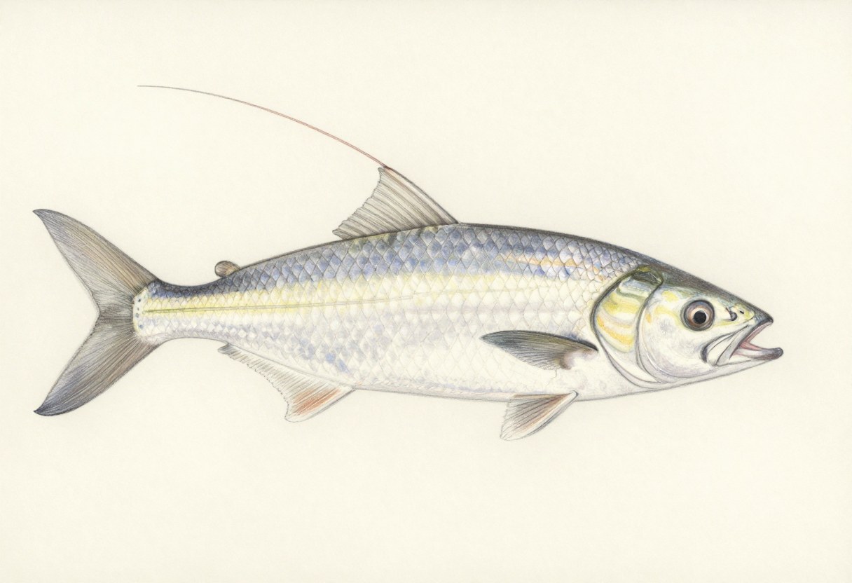 Illustration of a silver fish in side view with a long thin filament trailing from its dorsal fin and a forked tail