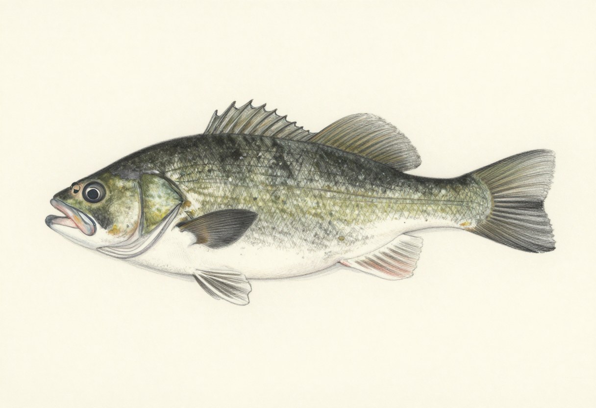 Illustration of a stout olive-green mottled fish in side view with a rounded tail