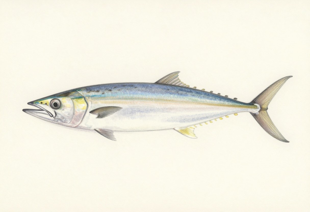 Illustration of a long, slim silver-blue fish in side view with a pointed snout and a forked tail