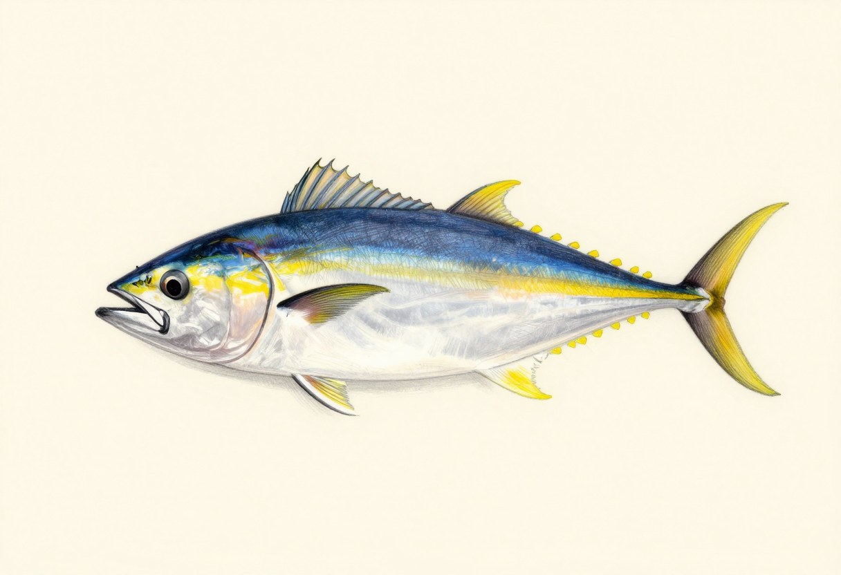 Illustration of a torpedo-shaped tuna in side view with a dark blue back, a yellow stripe, and yellow fins