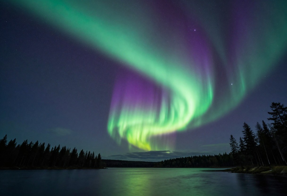 Photo-style AI-generated image of green and purple northern lights over a dark lake and spruce forest