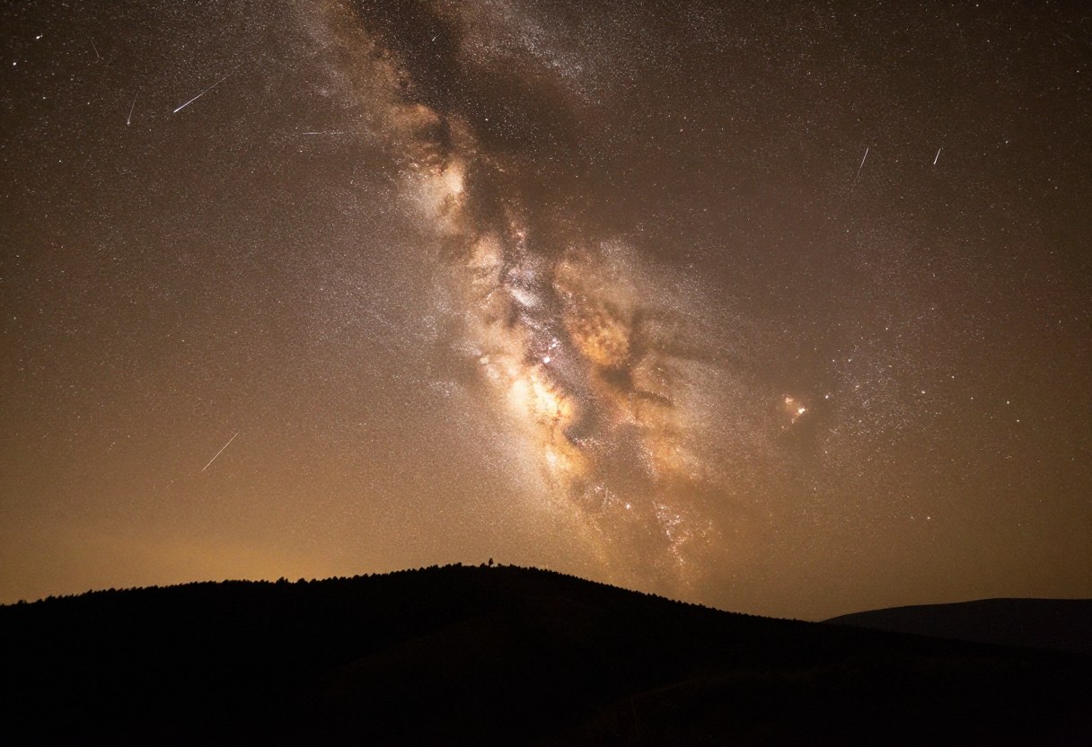 Photo-style AI-generated image of a warm summer night sky with the Milky Way and a couple of faint meteors over a ridge line