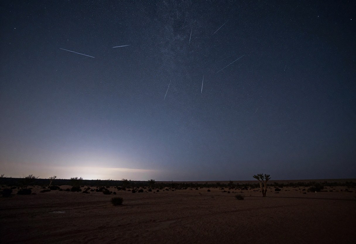 Photo-style AI-generated image of a few long meteor streaks across a pre-dawn sky over a desert landscape