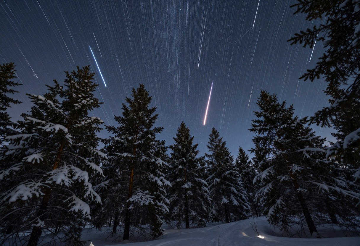 Photo-style AI-generated image of many bright colorful meteors across a clear winter night sky over snowy pine trees