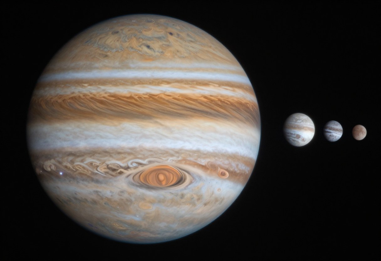 Photo-style AI-generated image of the planet Jupiter with tan and white cloud bands and a red storm spot, with small moons beside it