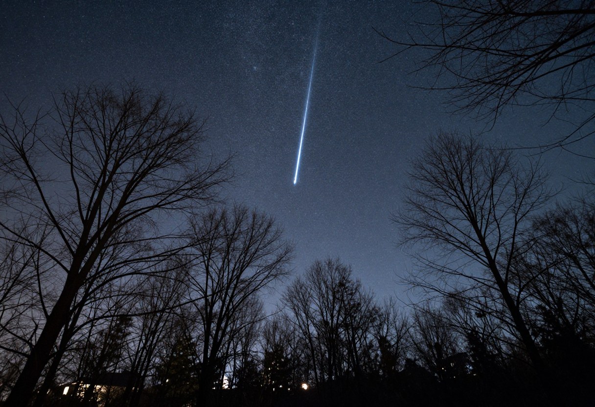 Photo-style AI-generated image of a bright meteor streak across a cold November sky above bare trees