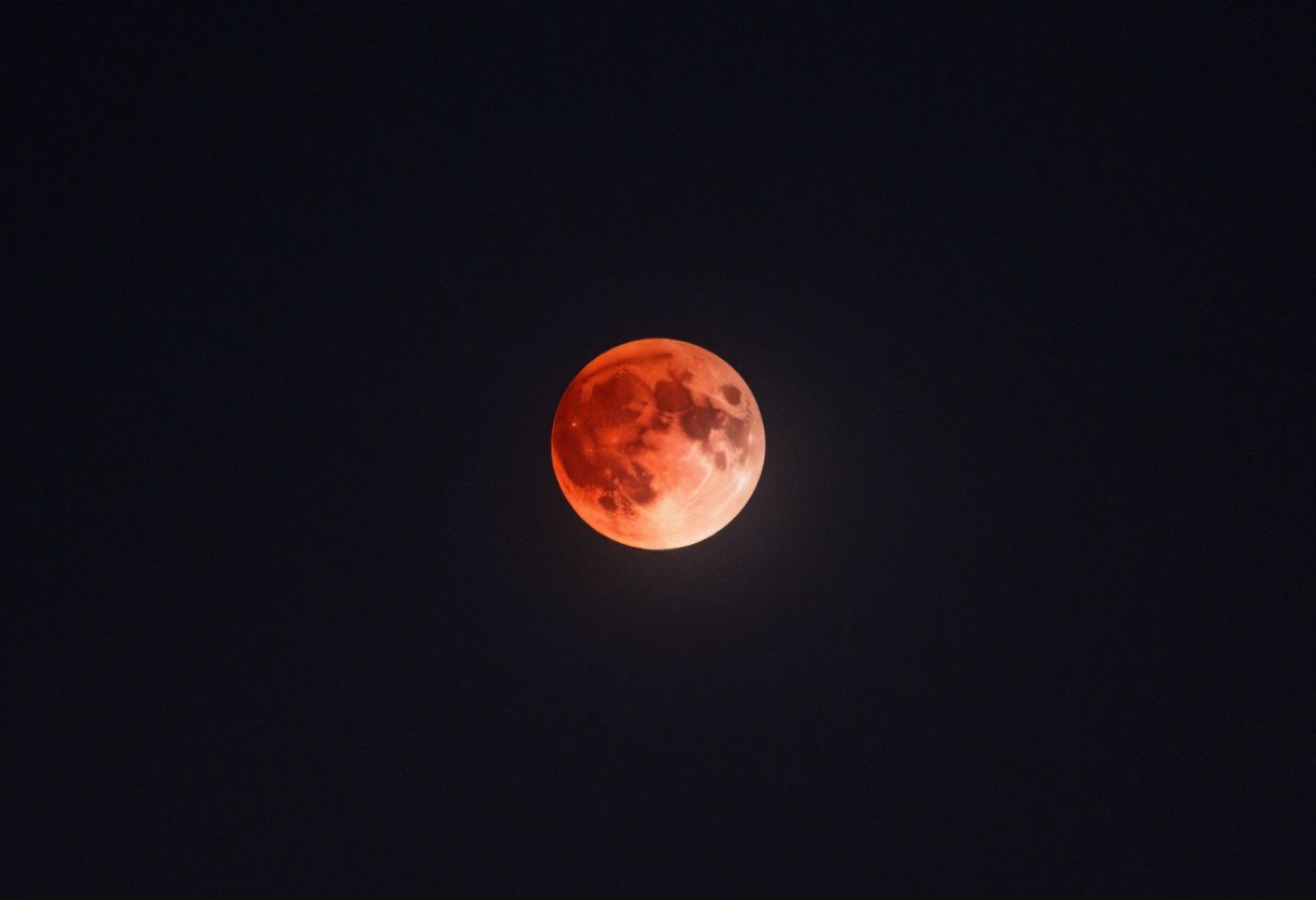 Photo-style AI-generated image of a total lunar eclipse, the Moon glowing deep red-orange in a dark star-filled sky