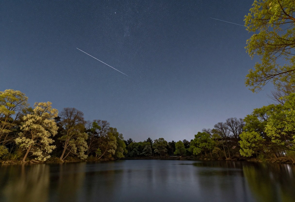 Photo-style AI-generated image of thin meteor streaks across a star-filled sky over a calm lake with budding trees