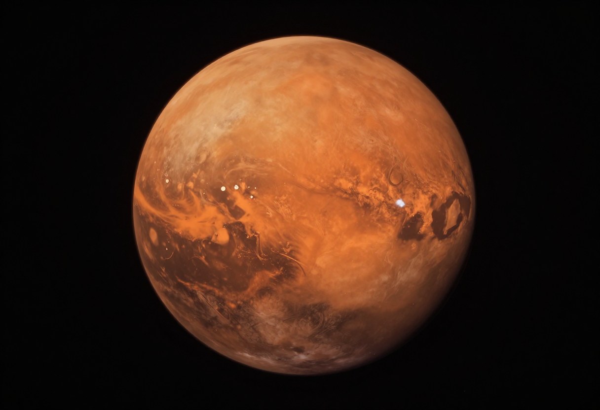 Photo-style AI-generated image of the planet Mars as an orange-red disc with dark surface markings against black space