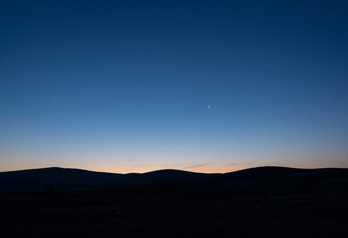 Photo-style AI-generated image of a small bright point of light low over the horizon in deep blue twilight above silhouetted hills