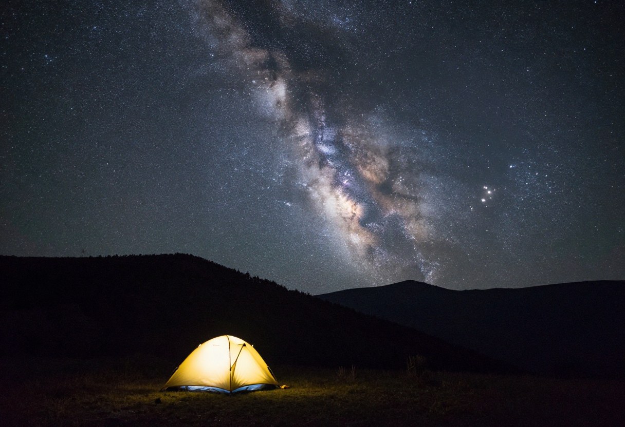 Photo-style AI-generated image of the Milky Way arching over a dark mountain landscape with a glowing tent in the foreground