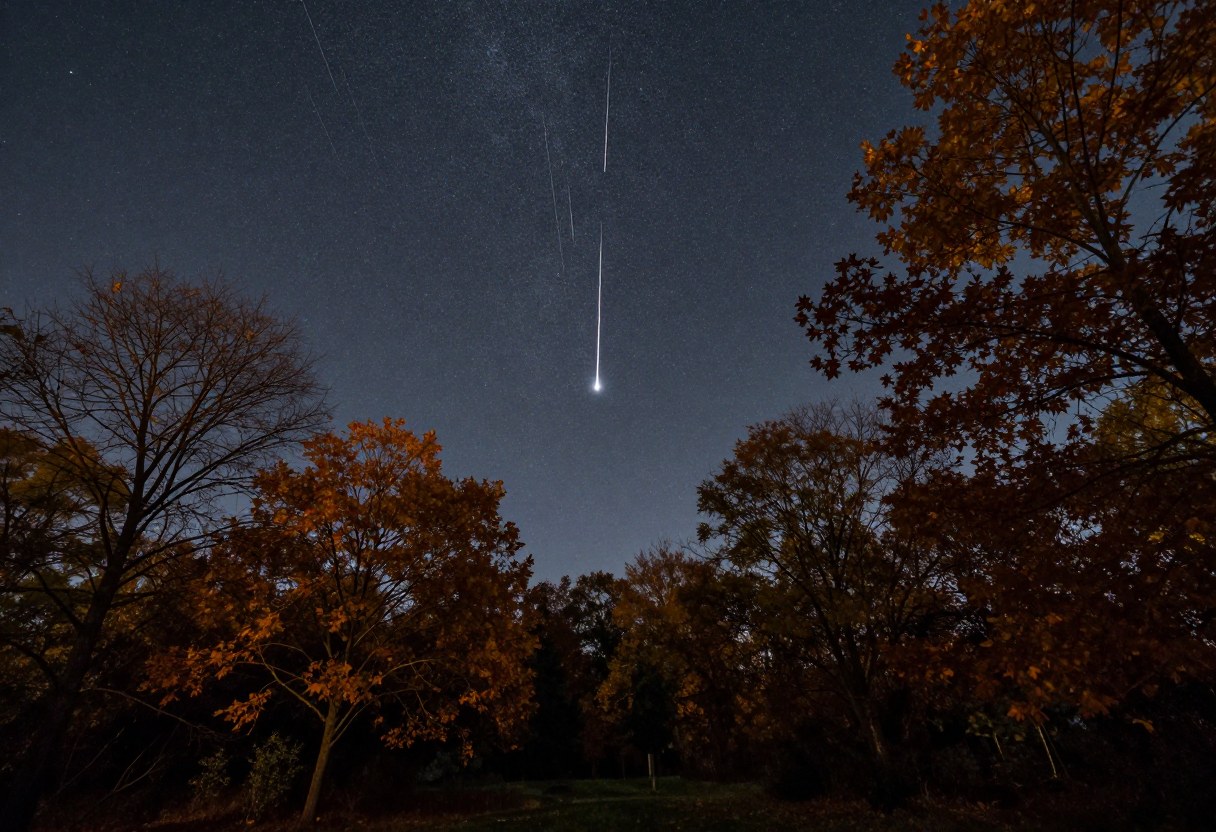 Photo-style AI-generated image of a meteor streaking across an autumn night sky over fall trees