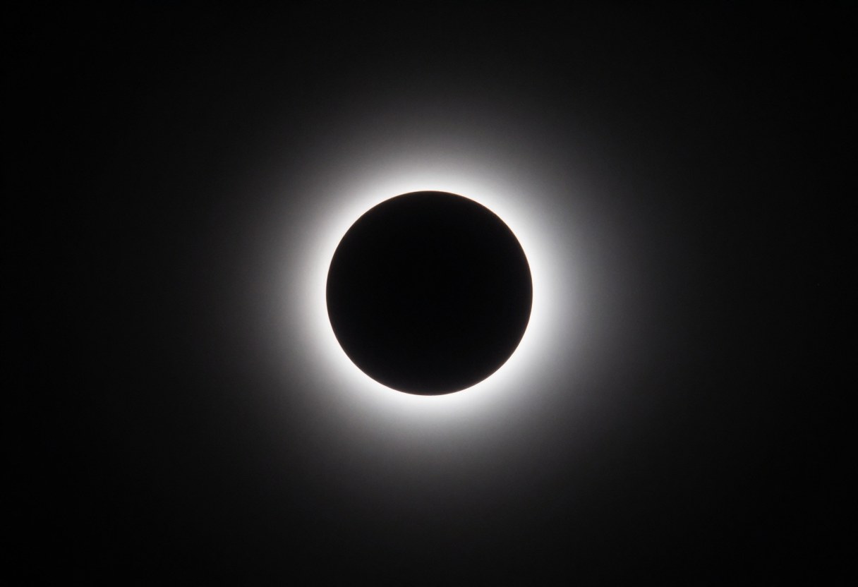 Photo-style AI-generated image of a solar eclipse: a black disc ringed by a thin bright halo of light in a dark sky