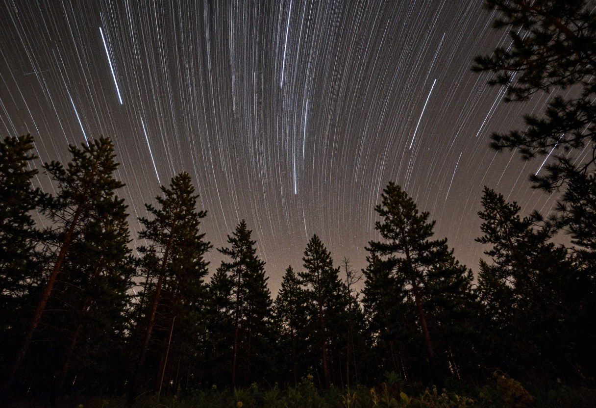 Photo-style AI-generated image of star trails and a few bright meteor streaks above tall pine trees at night