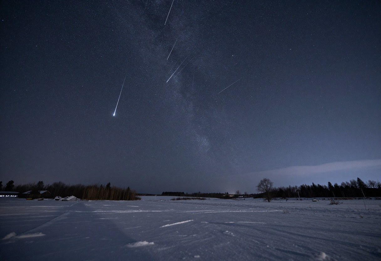 Photo-style AI-generated image of bright meteor streaks across a star-filled winter sky over a snow-covered field