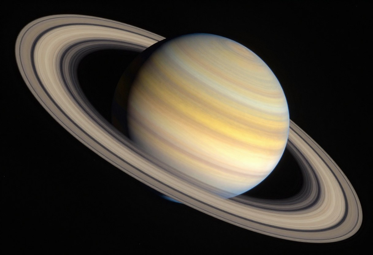 Photo-style AI-generated image of the planet Saturn with its bright rings tilted toward the viewer against black space
