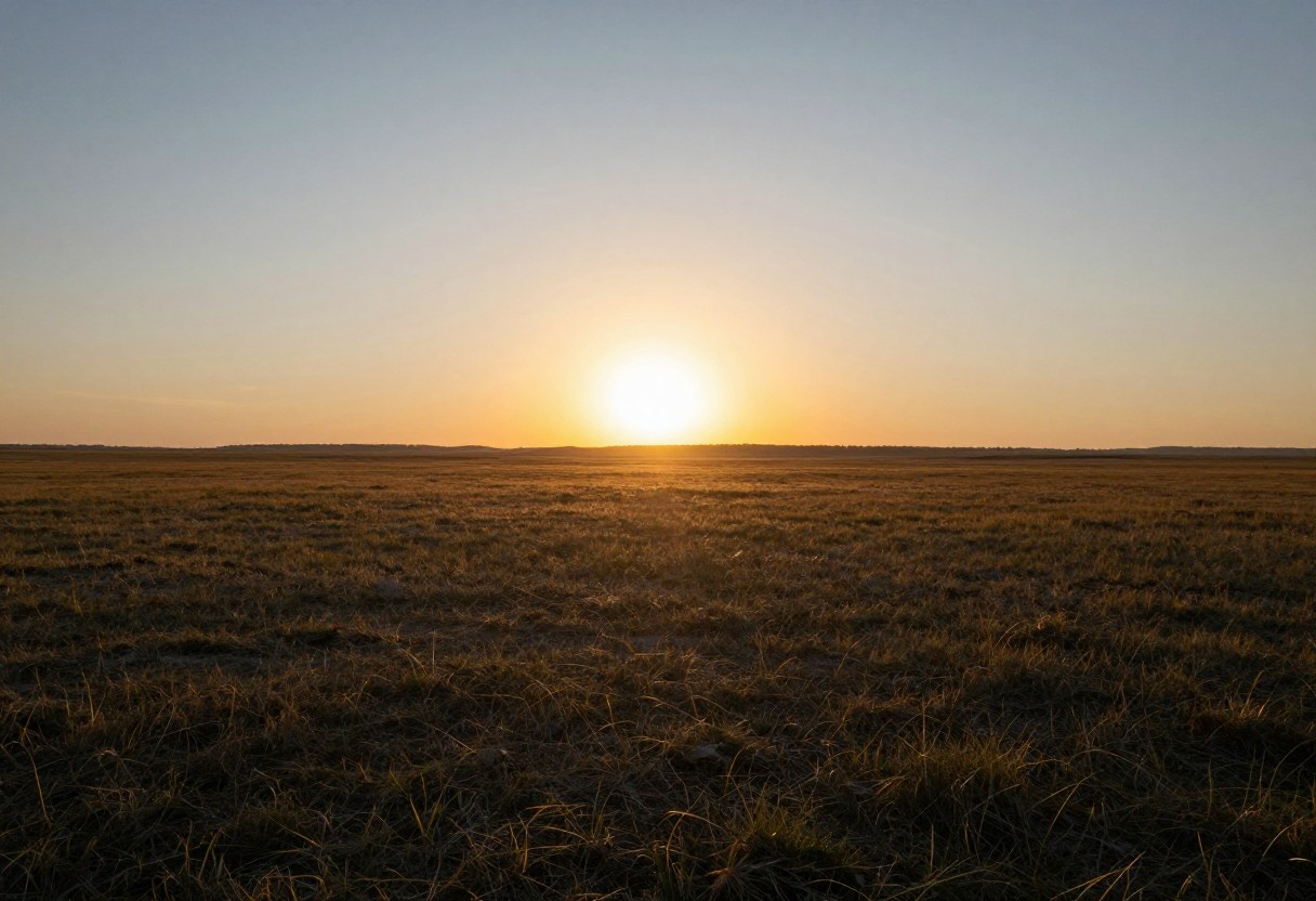 Photo-style AI-generated image of the Sun rising over a flat grassy prairie in golden light