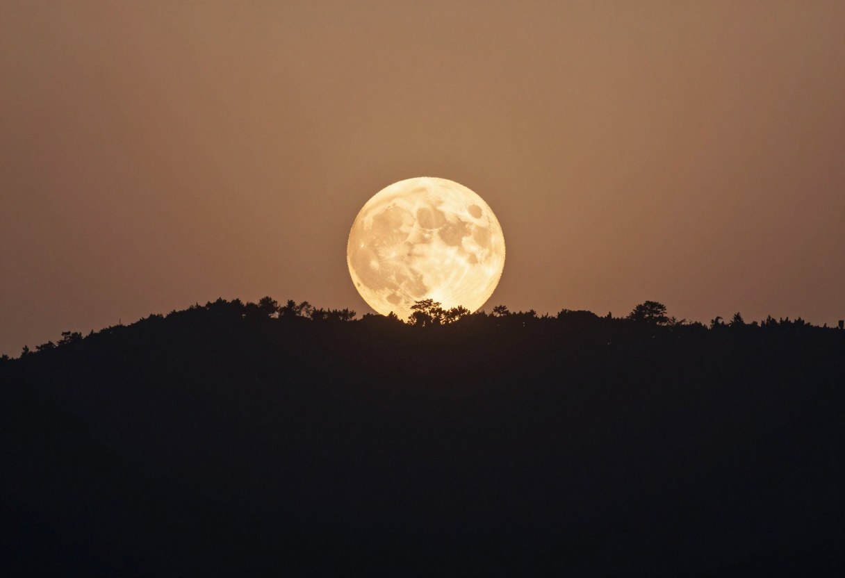 Photo-style AI-generated image of a very large full Moon rising low over a ridge, glowing orange near the horizon