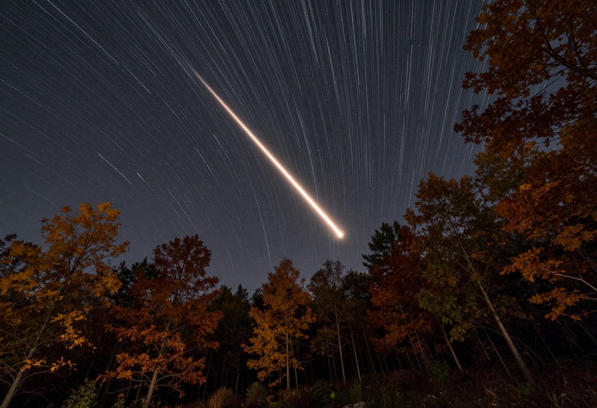 Photo-style AI-generated image of a single bright slow fireball with a glowing trail over an autumn forest at night