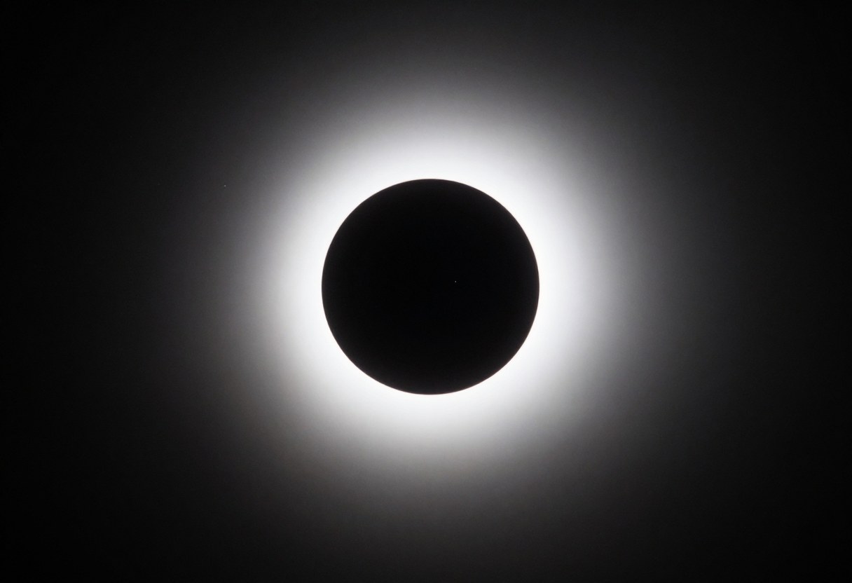 Photo-style AI-generated image of a total solar eclipse: a black disc ringed by a bright white glow in a dark sky