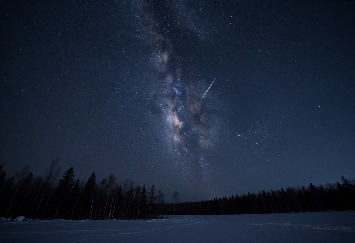 Photo-style AI-generated image of a few meteors and the Milky Way over a snowy landscape at night