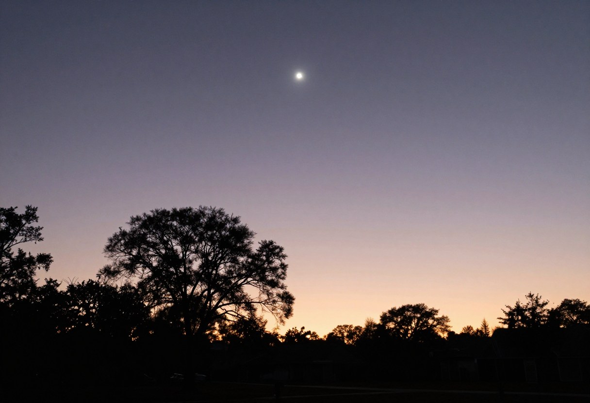 Photo-style AI-generated image of a very bright planet shining like a brilliant star low in the western twilight sky above silhouetted trees
