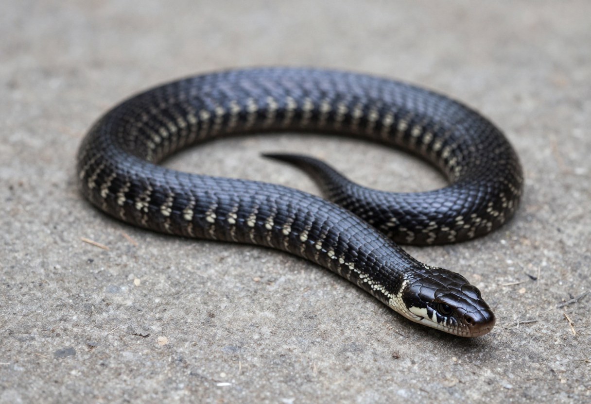 AI-generated photo of a slender, glossy black snake with a pale chin stretched out in loose coils