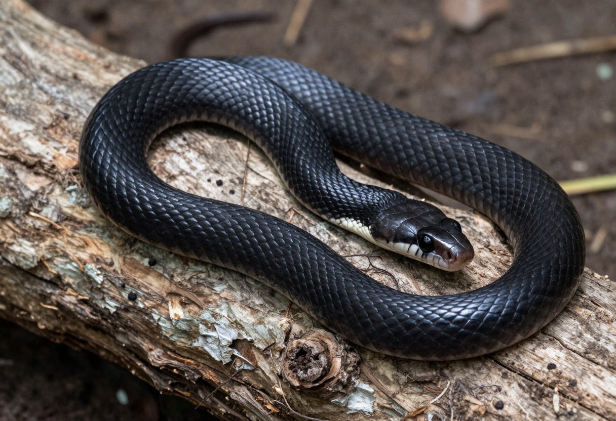 AI-generated photo of a glossy black snake with a white chin coiled on a log