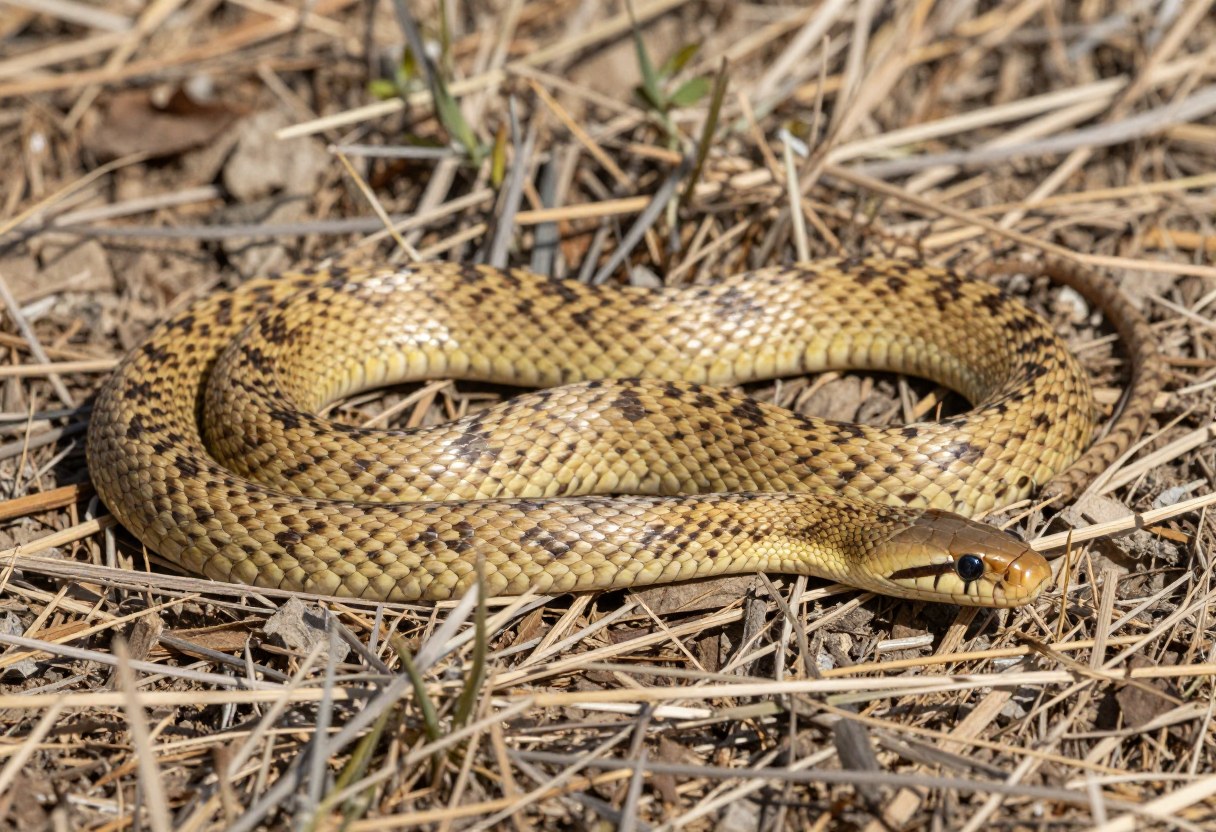 AI-generated photo of a large yellowish snake with dark brown blotches coiled in dry grass