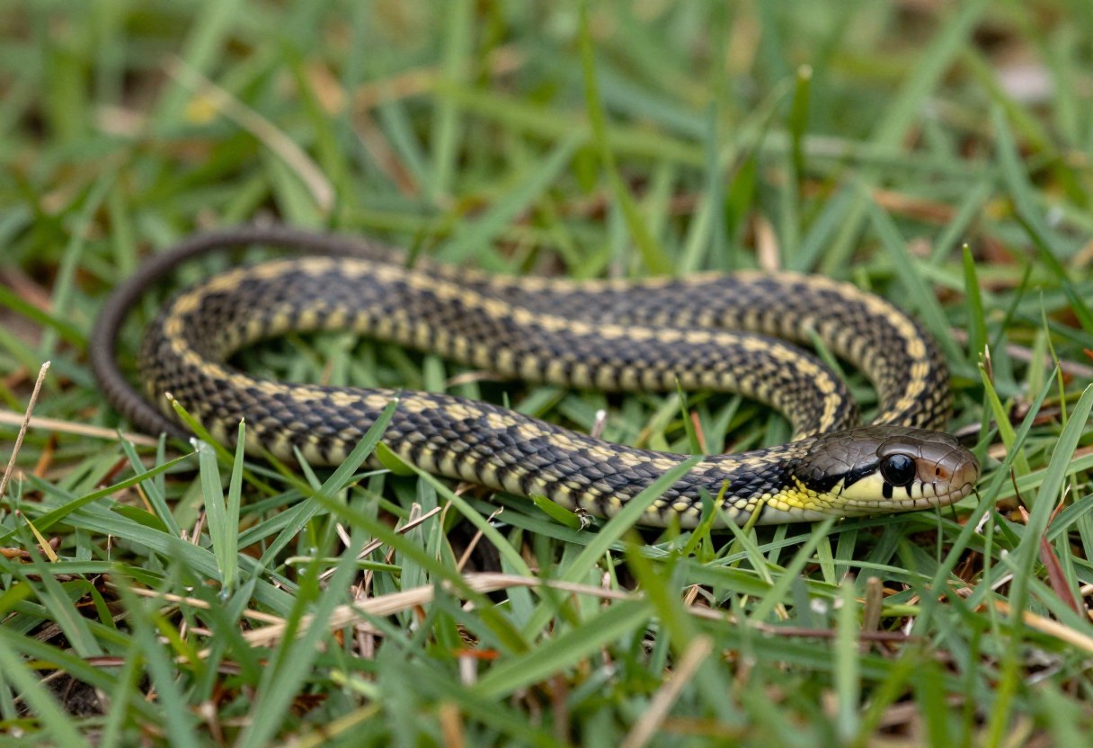AI-generated photo of a dark snake with pale yellow stripes along its length lying in green grass