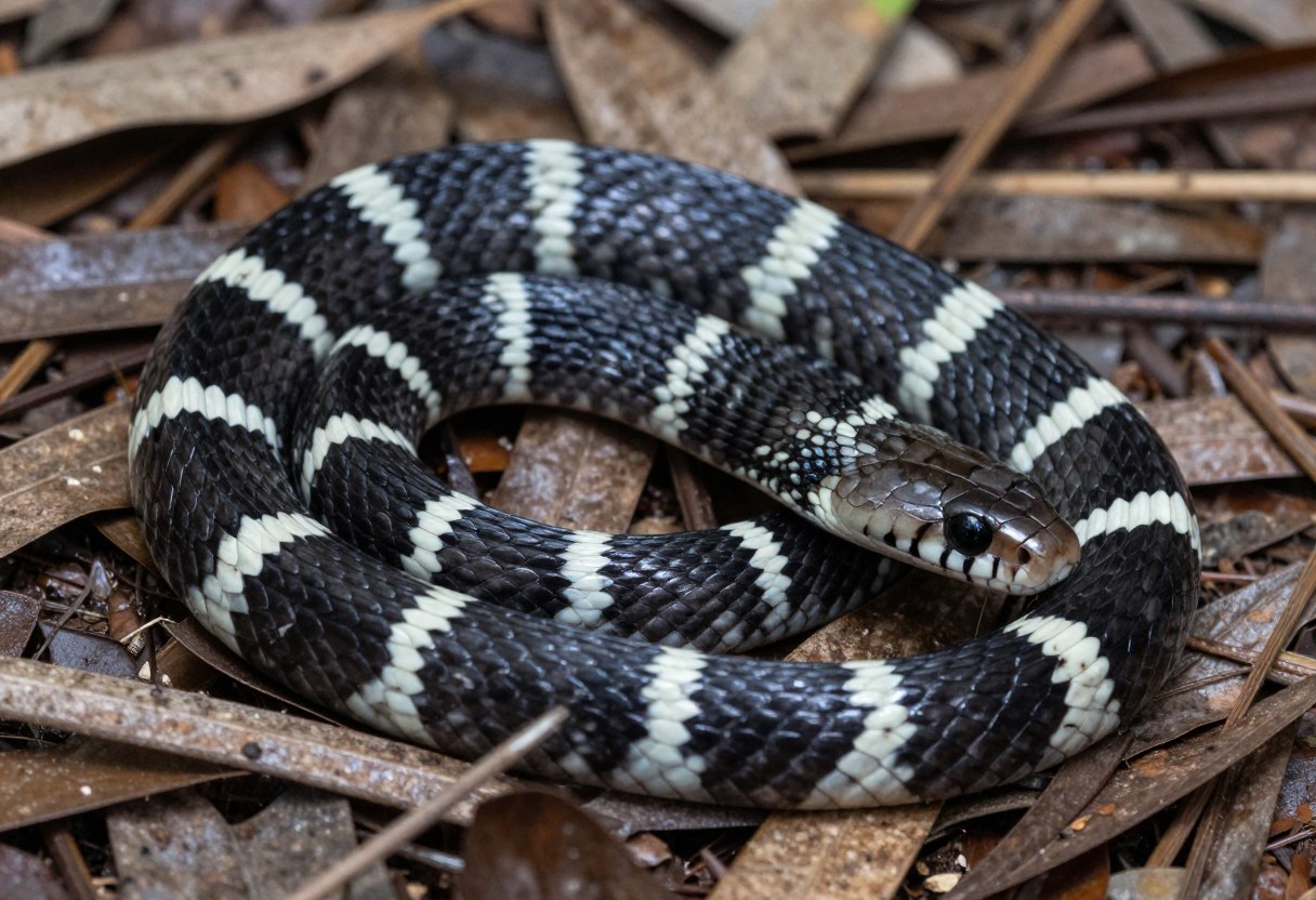 AI-generated photo of a glossy black snake with narrow white bands coiled on leaf litter