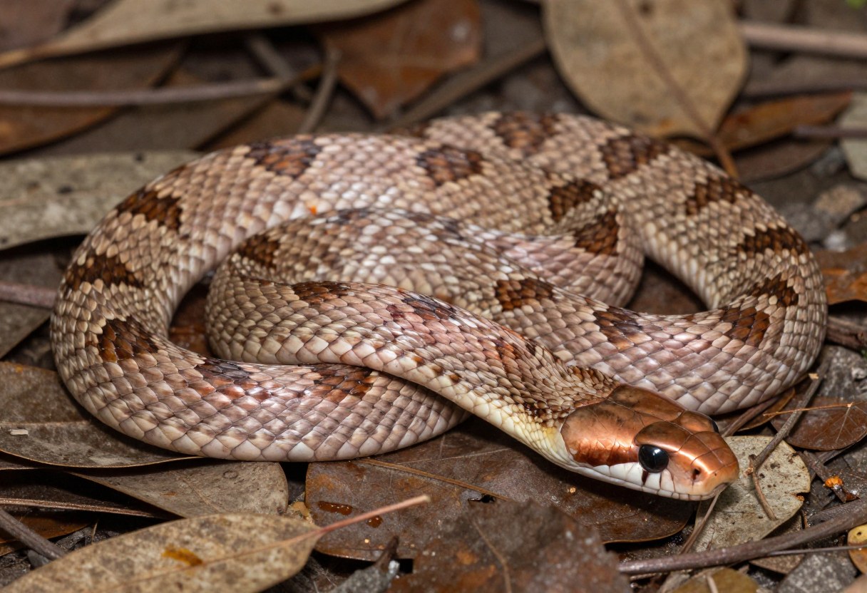 AI-generated photo of a pinkish-tan snake coiled on dead leaves with darker brown crossbands and a plain copper-colored head
