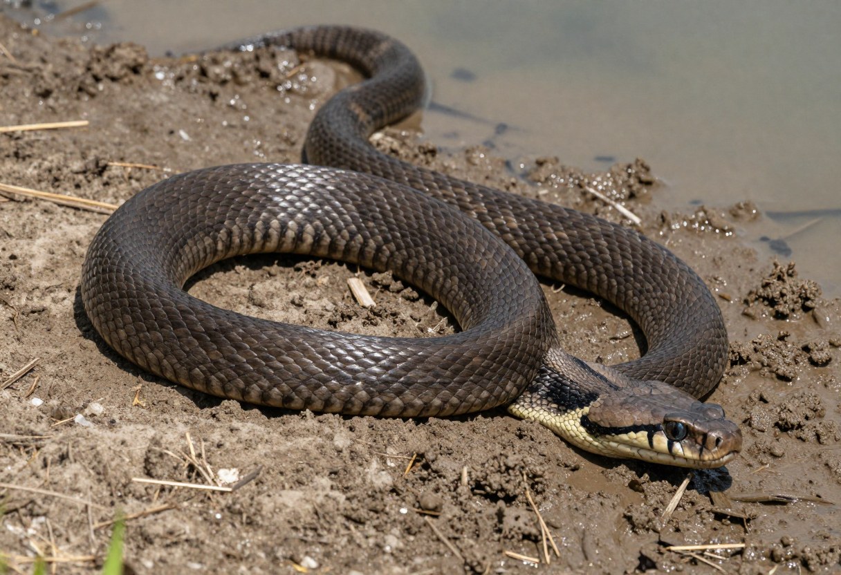 AI-generated photo of a dark brown, heavy-bodied snake coiled on a muddy bank near water