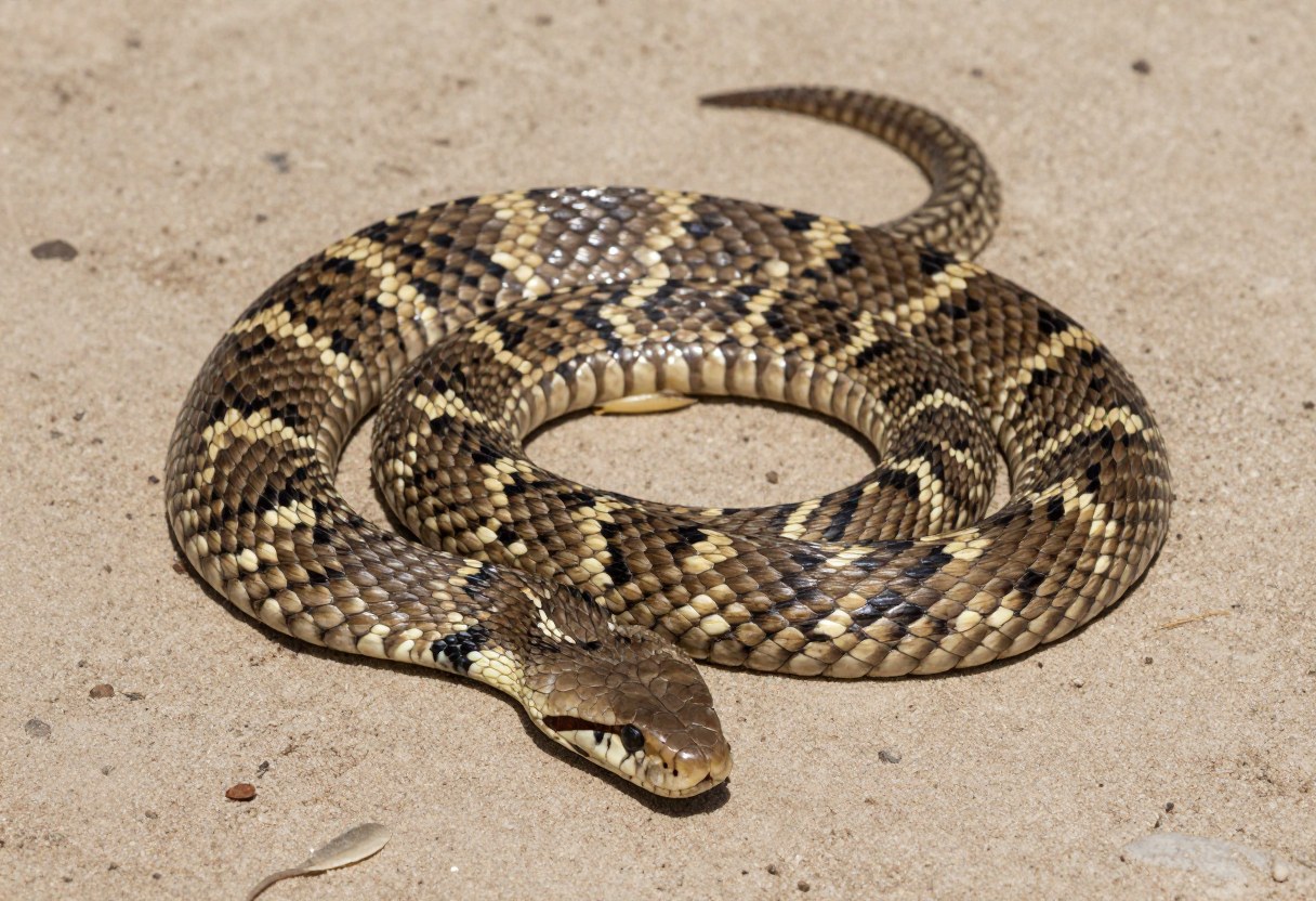 AI-generated photo of a snake coiled on sand with its head resting low and dark diamond-shaped markings outlined in cream scales