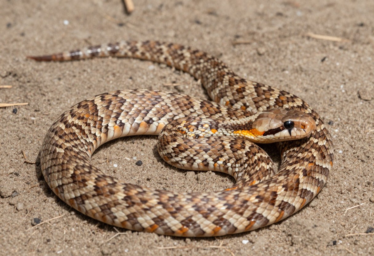 AI-generated photo of a stout snake with tan, brown, and orange blotches coiled on sandy soil