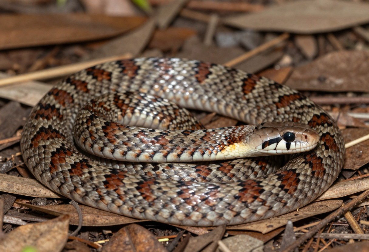 AI-generated photo of a gray-tan snake coiled on leaf litter with reddish-brown blotches outlined in black