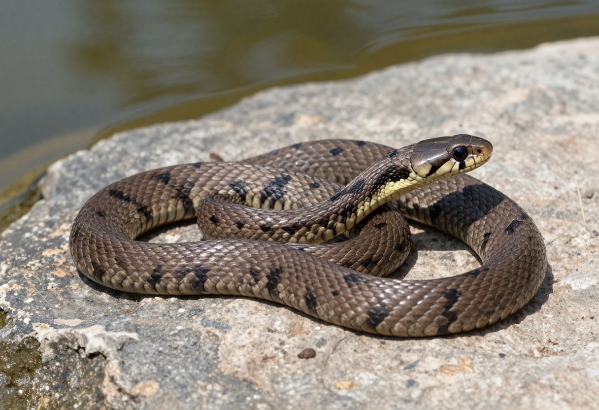 AI-generated photo of a brown snake basking on a rock beside water with dark crossbands near the neck and blotches farther back