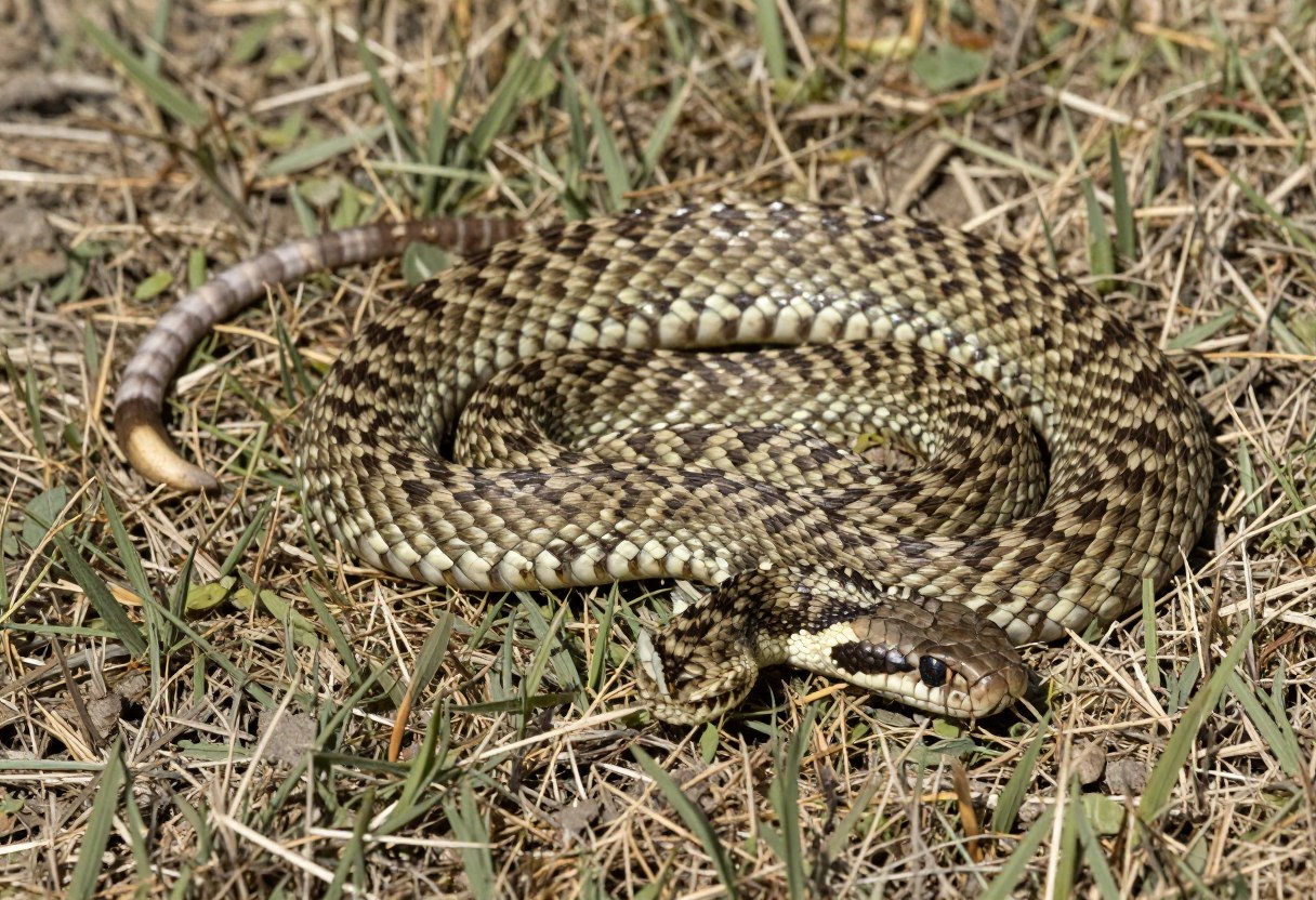 AI-generated photo of a greenish-tan snake coiled in dry grass with rows of dark blotches and a banded tail
