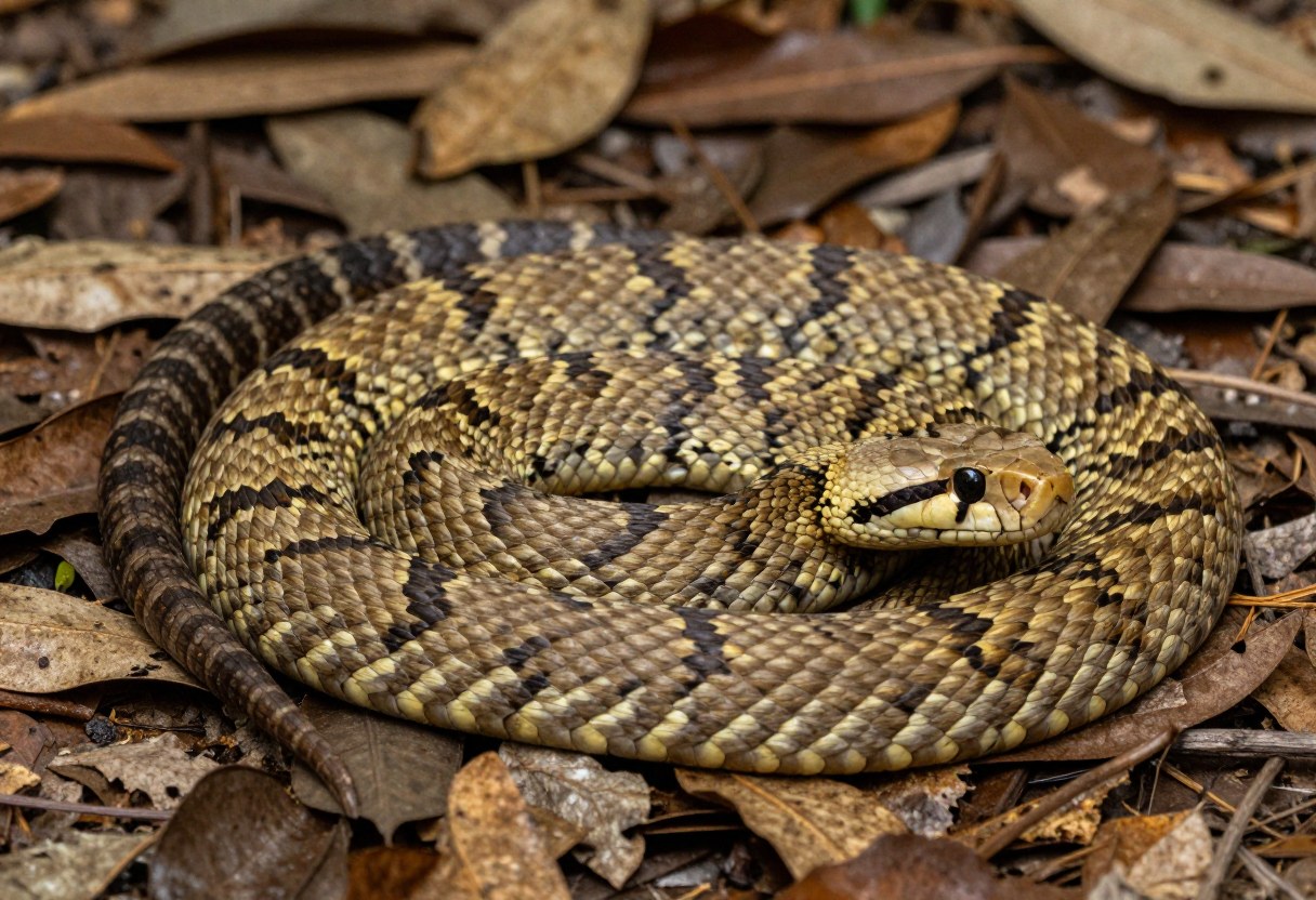 AI-generated photo of a yellowish-brown snake coiled on leaf litter with dark zigzag crossbands and a darker tail