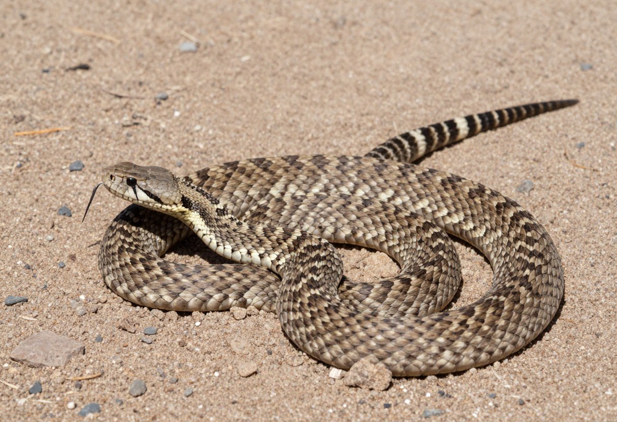 AI-generated photo of a tan-gray snake coiled on sandy gravel with dark diamond-shaped blotches and a black-and-white banded tail