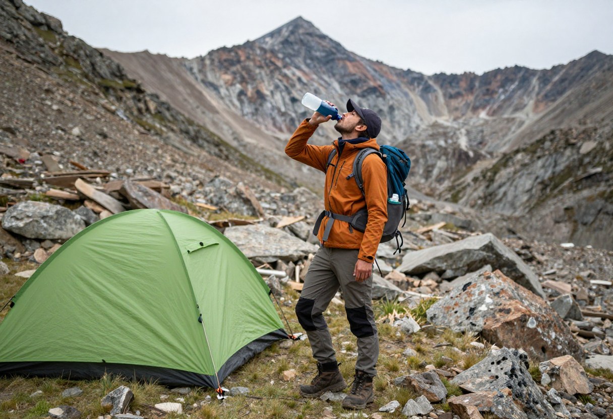 A hiker drinking water from a bottle at a high-elevation mountain camp