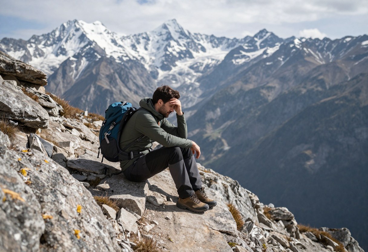 A hiker sitting down to rest on a high mountain ridge trail, catching their breath with dramatic peaks in the background